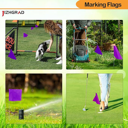 100Pack Purple Marking Flags, JIZHGRAD 16x4x5 Inch Marker Flags Use for Yard & Lawn, Boundary & Dog Training, Survey & Landscape, Sprinkler & Surveyor, Garden & Construction, High Visibility, Sturdy, Versatile, UV & Weather Resistant