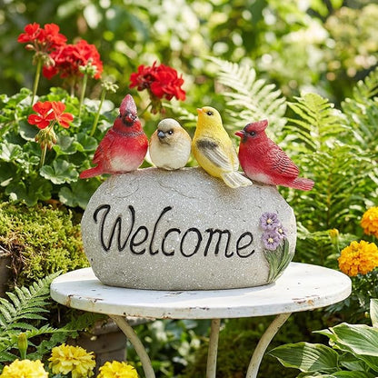 Solar Garden Statues Outdoor Decor, Welcome Sign Garden Sculptures Statue Novelty Birds Figurine Decoration for Patio Yard Porch Art Home Decor