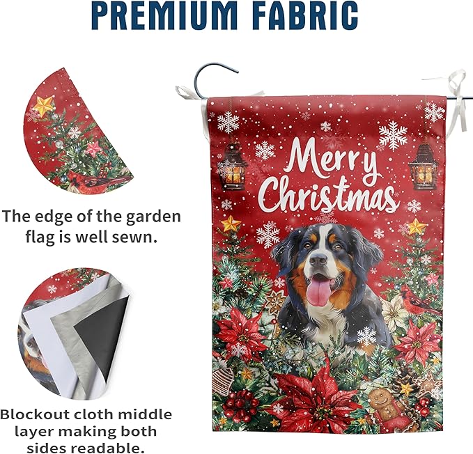Christmas Bernese Mountain Garden Flag Merry Christmas Dog Yard Flag for Outside Xmas Flags 12x18 Double Sided Red Poinsettia Garden Flags Winter Porch Decorations Outdoor