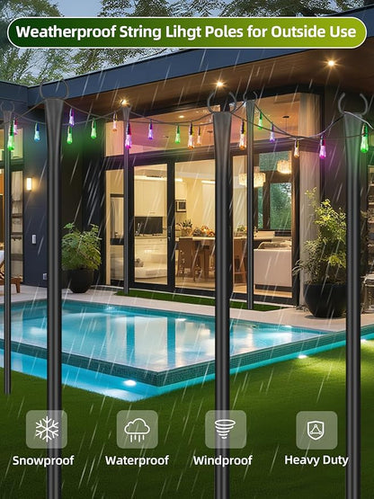6 Pack String Light Poles for Outside, 10ft Metal Outdoor String Light Poles for Deck - Ideal for Patio, Garden, Yard, Front Porch Decorations, Black