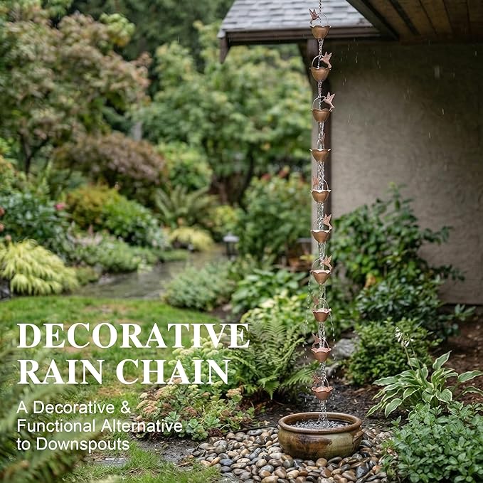 Topadorn 7.85 FT Rain Chains Decorative Iron Gutter Chain with 12 Rain Collector Cups with Hummingbird Petal Iron Flower Cups Garden Decorative