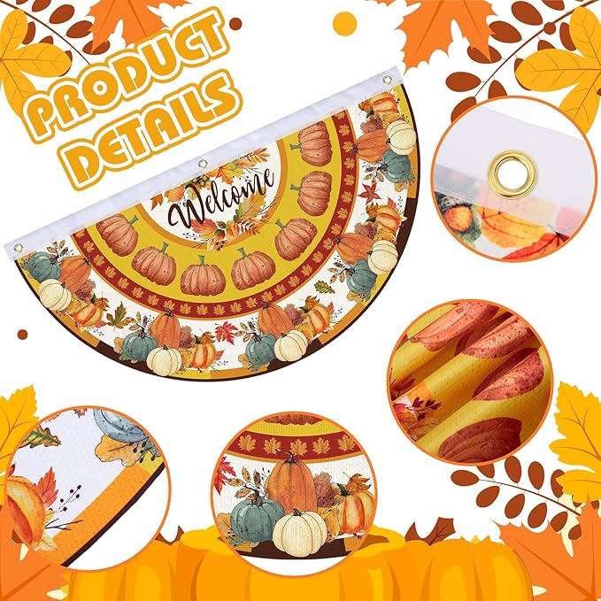 6 Pcs Hello Fall Bunting Flag Thanksgiving Pumpkin Welcome Fall Outdoor Half Banner Happy Harvest Autumn Pumpkin Squirrel Pattern Bunting Flag for Thanksgiving Garden Decor, 1.5 x 3 ft