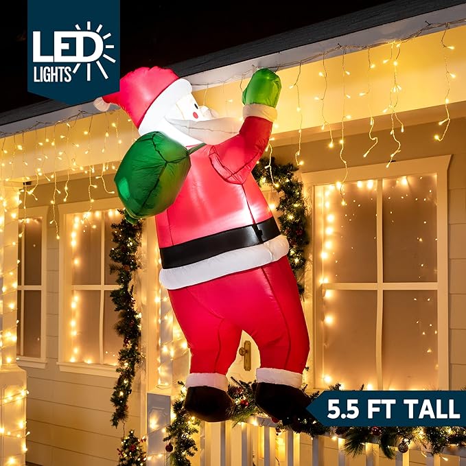 Joiedomi 5.5 FT Tall Christmas Inflatables Outdoor Decorations Hanging Santa with Gift Bag, Christmas Blow Up Climbing Santa Yard Decoration with Build-in LED for Xmas Party, Garden, Lawn Decor