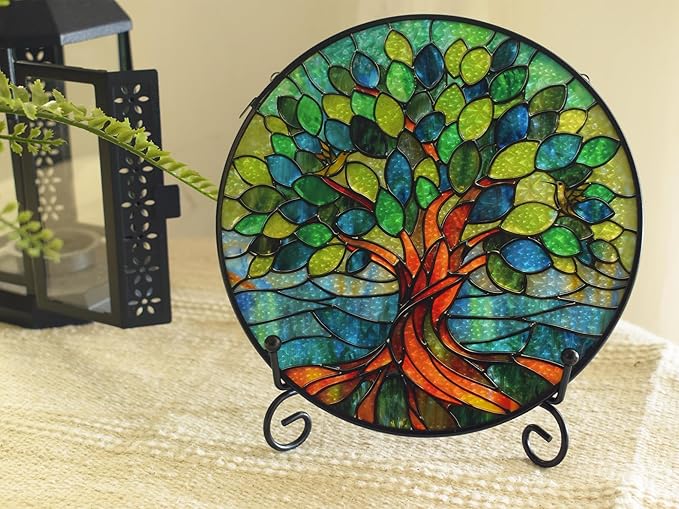 Stained Glass Window Hangings, Tree of Life with Hummingbird Suncatchers for Window, Treasured Gift for Mom, Grandma, Family and Friends (Green, 6.7x6.7 in)