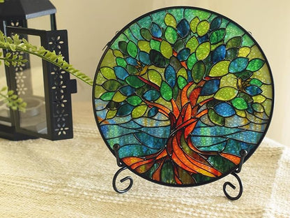 Stained Glass Window Hangings, Tree of Life with Hummingbird Suncatchers for Window, Treasured Gift for Mom, Grandma, Family and Friends (Green, 6.7x6.7 in)