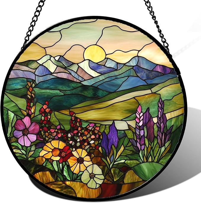 Stained Glass Window Hanging Purple Wildflowers Pastoral Scenery 7.8" - Suncatcher Door Garden Sun Catcher Home Decor Birthday Christmas for Mom Men Woman Friend