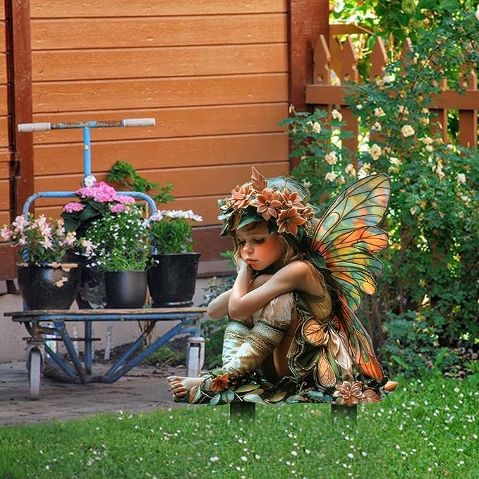 Flower Fairy Garden Stake Decor, 2D Flat Acrylic Elf Garden Sign with Stake, Fairy with Magic Sign for Indoor Outdoor Yard Lawn Balcony Pot Plants (Colorful Green Fairy)