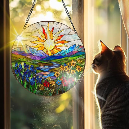 VAIIEYO Sun Sun Catcher Stained Glass Window Hanging Ornament, Handmade Sun Catcher Flower Landscape Decoration with Hooks for Window Garden Home, Birthday Housewarming Gift 7.8 inch