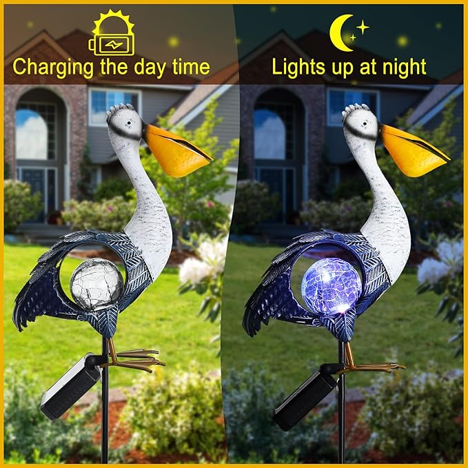 VIHOSE Solar Metal Pelican Statues Pelican Garden Sculpture Pelican Lawn Ornaments with Crackle Glass Ball Lawn Decorations Outdoor for Garden Landscape Outside Flower Bed Patio Yard Backyard Porch