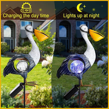 VIHOSE Solar Metal Pelican Statues Pelican Garden Sculpture Pelican Lawn Ornaments with Crackle Glass Ball Lawn Decorations Outdoor for Garden Landscape Outside Flower Bed Patio Yard Backyard Porch