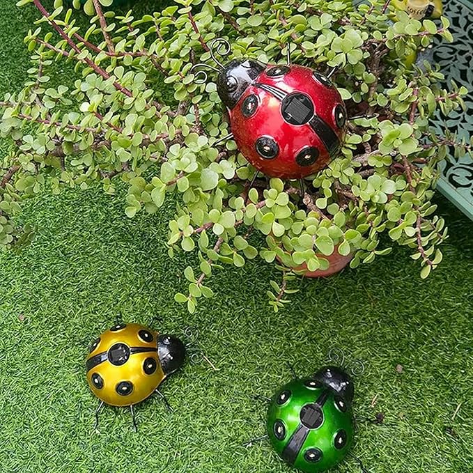 keeda Solar Ladybugs Garden Decor, Waterproof 5.5 Inch Metal Lady Bugs Cute Wall Art LED Garden Light Outside Decor for Porch Lawn Patio Balcony Pathway (3 PCS)