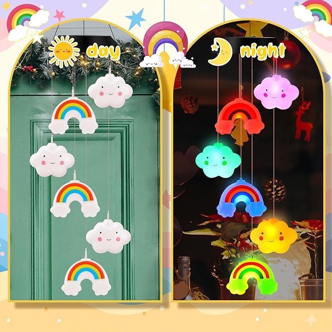 GlikCeil Rainbows Solar Wind Chimes 27.5inch Outside Waterproof Hanging LED for Yard, Pajama Party, Color Changing Lights(Clouds, Rainbows)