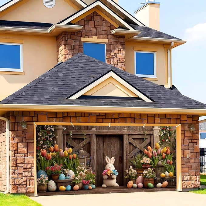 Easter Garage Door Banner Cover, Easter Bunny Flower Eggs Spring Party Backdrop Decor, Garage Door Cover For Outdoor Yard Holiday Decoration