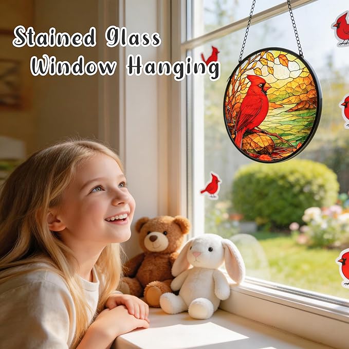 Cardinal Suncatcher for Windows Hanging - 6.3" Stained Glass Memorial Day Decorations - Round Red Bird Decor, Sympathy Gifts for Loss of Loved One, Remembrance Keepsake for Home & Garden
