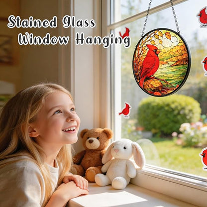 Cardinal Suncatcher for Windows Hanging - 6.3" Stained Glass Memorial Day Decorations - Round Red Bird Decor, Sympathy Gifts for Loss of Loved One, Remembrance Keepsake for Home & Garden