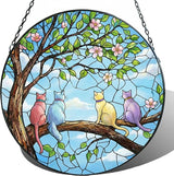 Sun Catcher Stained Glass Window Hanging, 7.8 Inch Spring Scene with 4 Cats on Branch, Hanging Ornament for Window Door Decor, Birthday Gift for Cat Lovers Women Mom Grandma