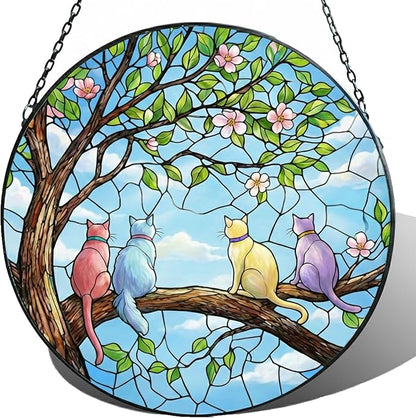 Sun Catcher Stained Glass Window Hanging, 7.8 Inch Spring Scene with 4 Cats on Branch, Hanging Ornament for Window Door Decor, Birthday Gift for Cat Lovers Women Mom Grandma