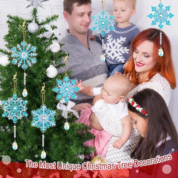 4 Pcs 5D 9.7x3 inch Christmas Diamond Painting Kits DIY Point Drill Diamond Painting Wind Crystal Wind Chimes Double Snowflake Ornaments with Crystal Pendant for Home Garden Hanging Decor(Blue, White)