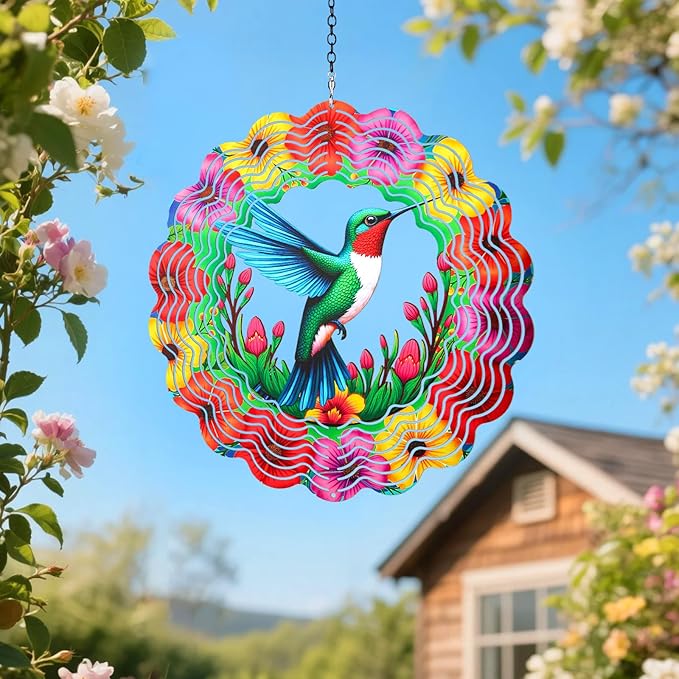 Wind Spinners Outdoor,Hanging 3D Hummingbird Garden Wind Spinner for Outdoor Silhouette Decorations,Gifts for Women Men Metal Wind Kinetic Sculpture for Decor Garden,Yard Art,Patio,Porch,Balcony