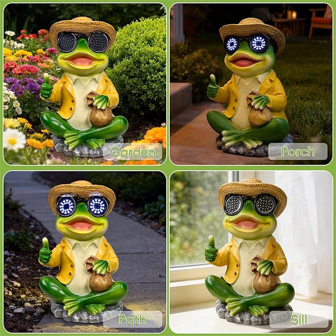 Solar Frog Garden Statue Decor - Waterproof Frog Figurine with Solar LED Blink Eyes,Funny Outdoor Garden Statues for Yard Patio Lawn Ornament,Unique Housewarming, Birthday, Thanksgiving, Mom Gifts