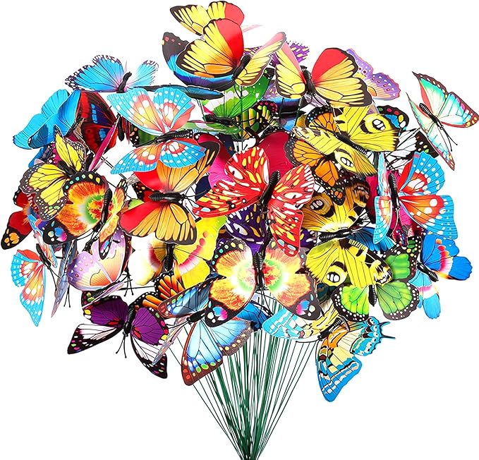 Teenitor 60 Pcs Butterfly Garden Decorations, 11.2 Inch PVC Waterproof Butterfly Stakes, Garden Yard Party Decorations