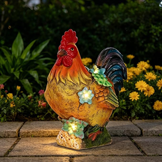 Solar Garden Statues Colorful Rooster and LED Lights Birthday Gifts for Women Mom Grandma Solar Outdoor Cat Decor for Outside,Outdoor Solar Lights for Yard, Garden and Patio, Unique Gift for Women