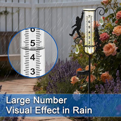 J-Fly Solar Light Rain Gauge, Black Metal Sasquatch Design with Glass Tube, 7 Inch Decorative Garden Stake for Outdoor Weather Measurement, Yard Decor