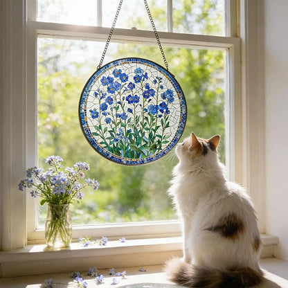 LITIVY Forget-Me-Not Flower Stained Glass Suncatcher, 6 Inch Handmade Blue Floral Window Hanging Decor for Garden, Sun Catcher Home Decor