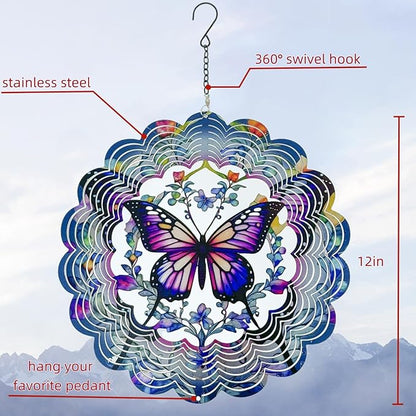 Metal Wind Spinners Outdoor Hanging Wind Spinner for Yard and Garden Decor for Outside,12In 3D Stainless Steel Butterfly Wind Chime Gifts of Christmas for Women Mom