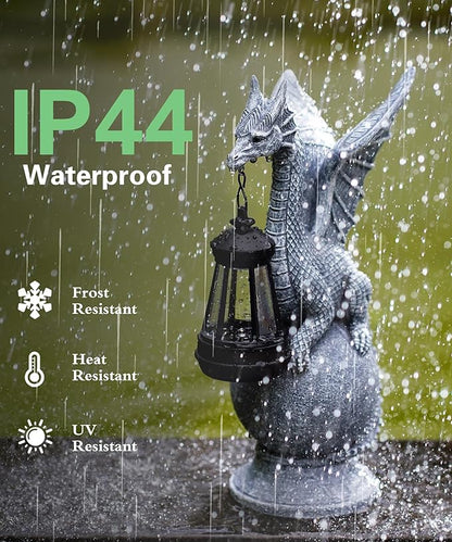Solar Garden Dragon Statue: Outdoor Figurine with Lantern Lights Weatherproof Resin Decorations for Home Yard Lawn Porch Balcony Patio - Mothers Day Gifts for Mom Women Grandma