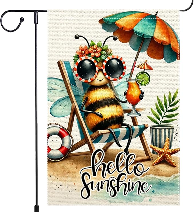 Welcome Summer Tropical Garden Flag Bee Swim Rings Beach Wooden Chair Sun Umbrella Garden Flags 12x18 Inch Double Sided Small Burlap Outside Decorations