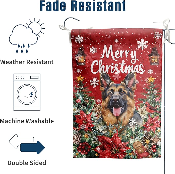 Christmas German Shepherd Garden Flag Merry Christmas Dog Yard Flag for Outside Xmas Flags 12x18 Double Sided Red Poinsettia Garden Flags Winter Porch Decorations Outdoor