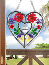 KY&BOSAM Grandma Heart Suncatcher Grandma Gifts Staiend Glass Wind Chimes for Outside Pressed Flower Colorful Heart Suncatchers Outdoor for Garden Windows Indoor Home Trees Patio Yard Porch Decor