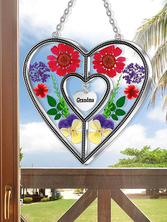 KY&BOSAM Grandma Heart Suncatcher Grandma Gifts Staiend Glass Wind Chimes for Outside Pressed Flower Colorful Heart Suncatchers Outdoor for Garden Windows Indoor Home Trees Patio Yard Porch Decor