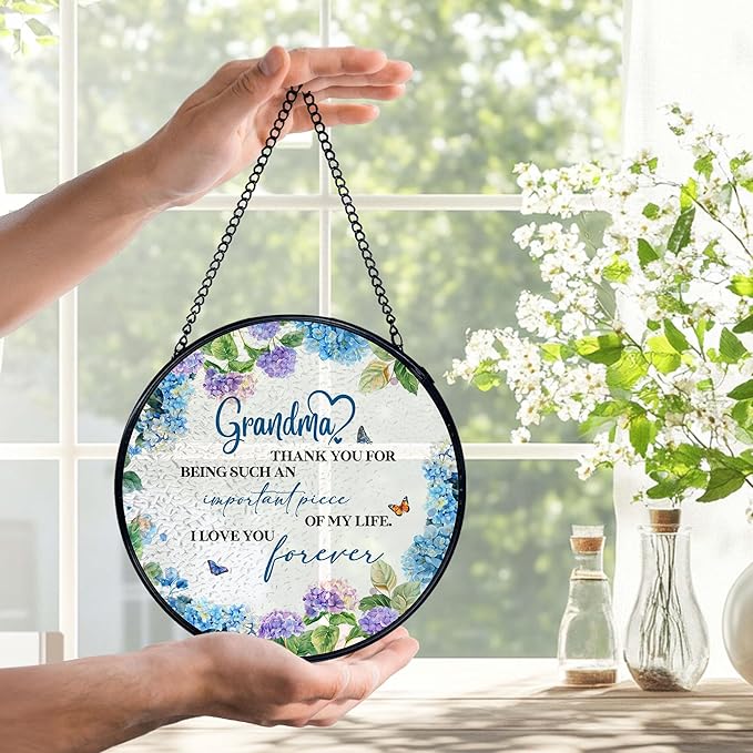 Grandma Gifts Suncatchers Stained Glass Window Hanging, Grandma Gifts for Mother's Day from Grandkids Sun Catchers Indoor Window, Grandmother Gift, 7.9x7.9in