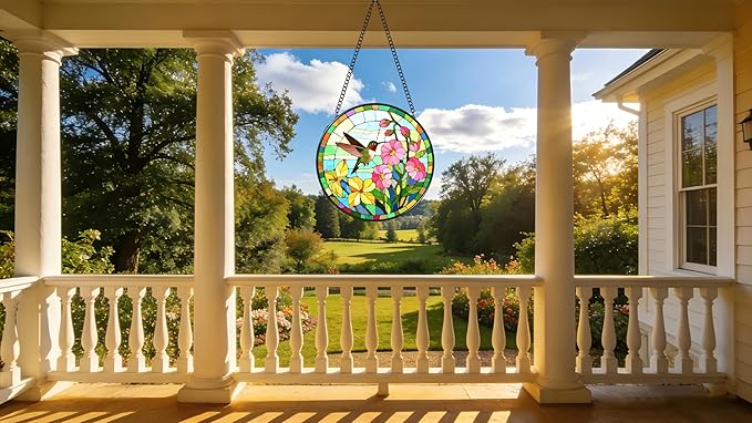 Funoasis Stained Glass Window Hanging 6.3 Inches Suncatcher - The Hummingbird Flew to The Edge of The Flower Ornaments Sun Catcher Home Decor Women Birthday