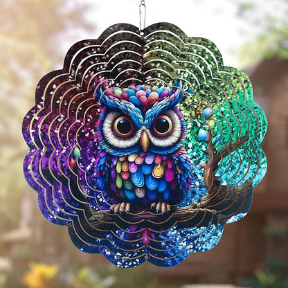 Wind Spinner Mandala 12 inch 3D Stainless Steel Laser Cut Metal Art Geometric Pattern Hanging Wind Spinner (Dreamy Owl)