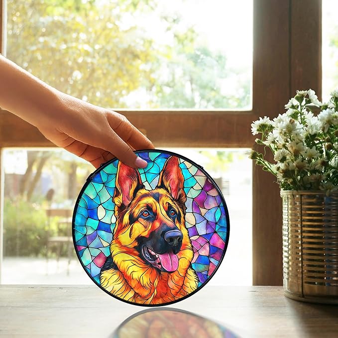 TNUW German Shepherd Dog Stained Glass Window Hanging, German Shepherd Gifts Sun Catchers Indoor Window Glass Round Wall Art Decor, Dog Wall Hanging Decorations, 7.9＂x7.9＂