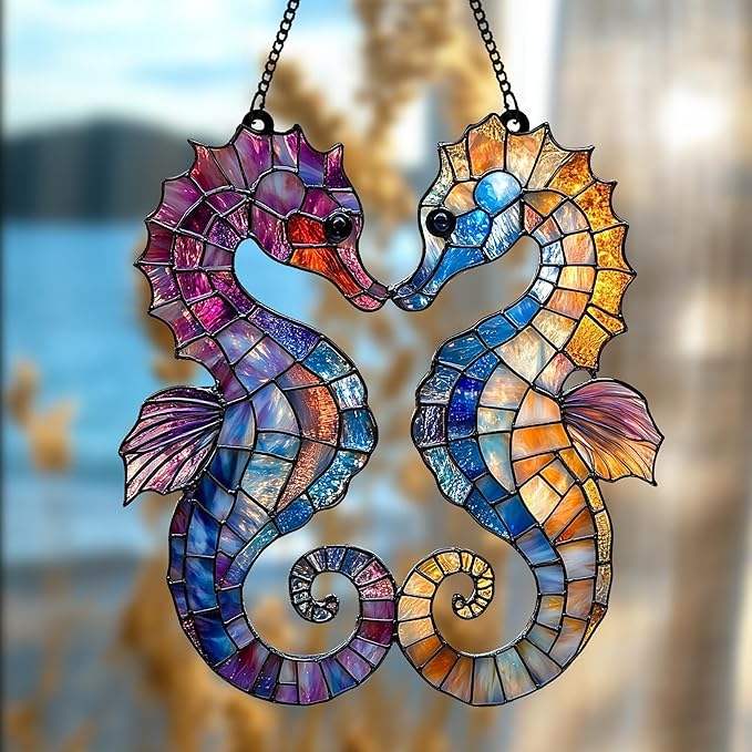 Seahorse Acrylic Suncatcher - Faux Stained Glass Indoor Window Hanging Ornament, Outdoor Sun Catcher Panel, Home Decor Gift for Sea Creature Lovers