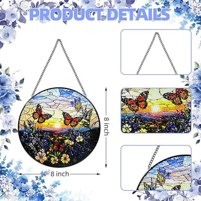 Stained Glass Window Hanging, 8 in Butterfly Sun Catchers, Diamond Glass Panel Landscape Suncatcher for Home Decor - Gift for Women Mother's Day Christmas