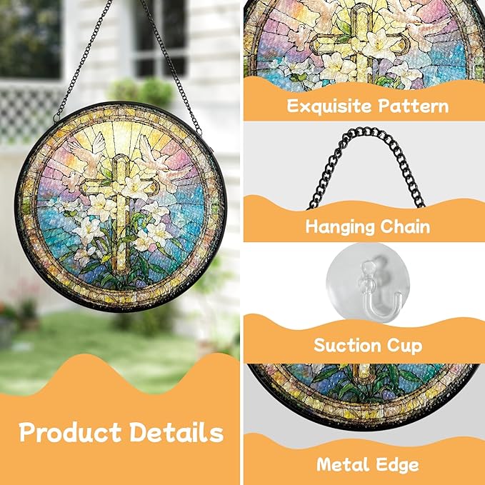 Stained Glass Window Hanging, Cross & Wildflowers Christian Faith Suncatcher Ornament Decoration, Hanging Home Decor for Door Garden Porch, Easter Birthday Religious Gift for Women Mom, 7.8 Inch