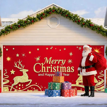 IVN Christmas Garage Door Cover Decoration 13x6ft Santa Glitter Gold Tree Reindeer on Red Holiday Christmas Garage Door Banner Home Garage Door Front Yard Decor for Xmas Eve Holiday Outdoor