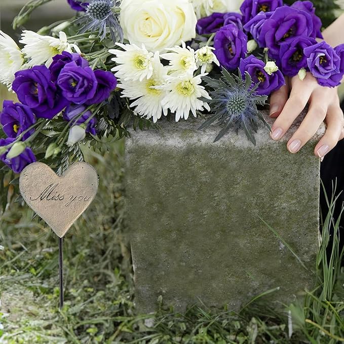 Miss You Heart Memorial Grave Markers, Cemetery Decorations for Grave, Memorial Remembrance Stake,Grave Site Outdoor Stake Decorations for Cemetery Heart Shaped Garden Stake