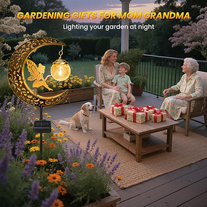 Solar Garden Statues Outdoor Decor, Fairy Moon Figurine Light Stake, Housewarming Ornament for Patio, Lawn, Yard, Pathway - Unique Gift Ideas for Gardening Mom Grandma