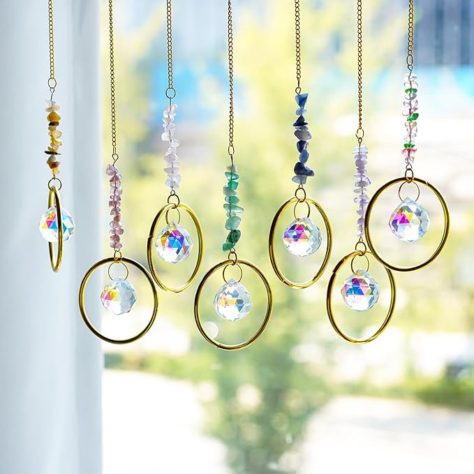 HDCRYSTALGIFTS 7PCS Crystal Suncatchers Rainbow Maker Healing Crystals for Window Prism Balls Indoor Outdoor Hanging Ornament Pendant Decor for Home, Garden, Wedding, Christmas Tree (12inch)
