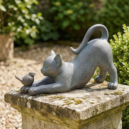 Cat Garden Statues Outdoor Cat-Figurines - Home Garden Decor 16 x 6 x 9.5 inch Resin Cats & Bird Playing Sculpture Statue for Farmhouse Outside Backyard Lawn Gift for Kitten Lovers Newman House Studio