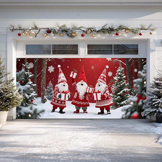 IVN Christmas Garage Door Cover Decoration 13x6ft Three Santas Gnome Red Gift Tree Snowy Trees Merry Christmas Garage Door Banner Home Door Front Yard Decor for Xmas Eve Holiday Outdoor