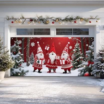 IVN Christmas Garage Door Cover Decoration 13x6ft Three Santas Gnome Red Gift Tree Snowy Trees Merry Christmas Garage Door Banner Home Door Front Yard Decor for Xmas Eve Holiday Outdoor