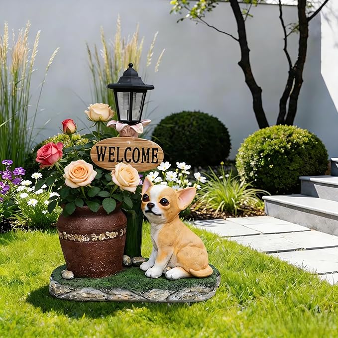 Solar Garden Statue with Planter & Solar Lantern, Outdoor Resin Animal Sculpture, Waterproof Yard Lawn Decor Pot for Succulents, Front Porch Ornament Housewarming Gift (Sitting Corgi)
