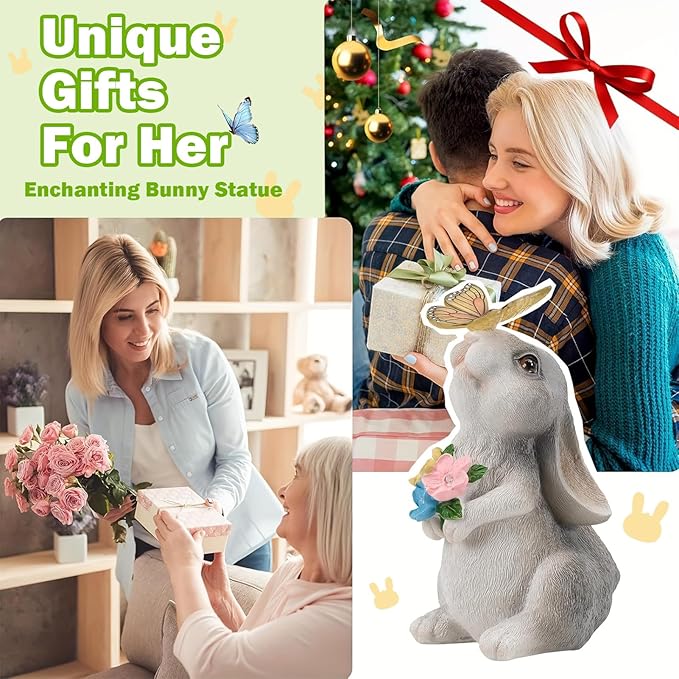 Solar Garden Decor Rabbit Statues with Butterfly LED Light - Waterproof Bunny Figurines Outdoor for Yard Patio Balcony Easter Decor - Unique Housewarming Mother's Day Birthday Gifts for Women